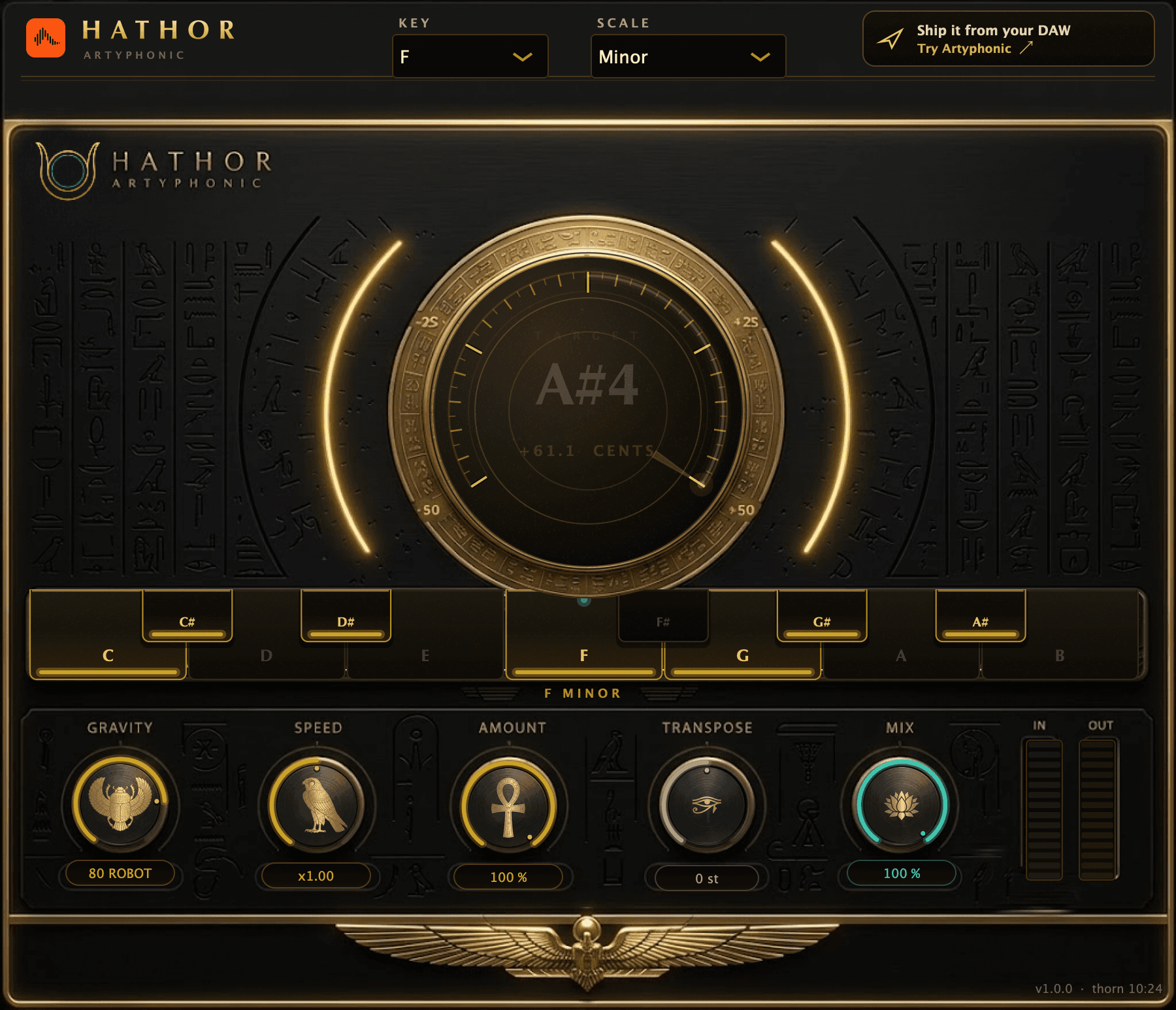 Hathor, Artyphonic's vocal tuning plugin: gold tune dial, key and scale strip, Gravity and Speed controls