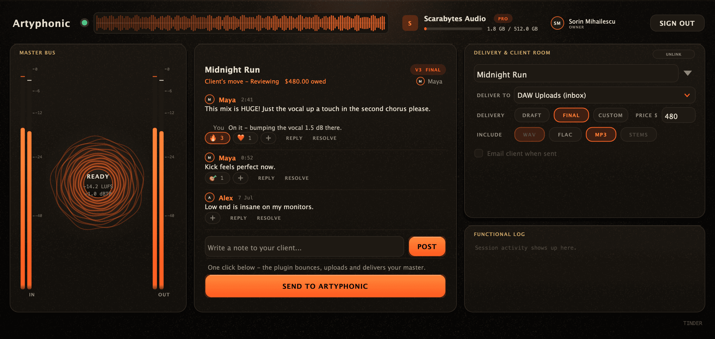 The Get-Paid Plugin console inside a DAW, delivering a master to a client room