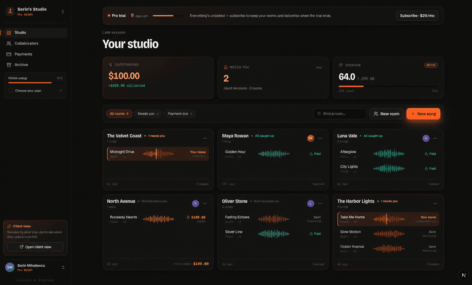 The Artyphonic studio dashboard